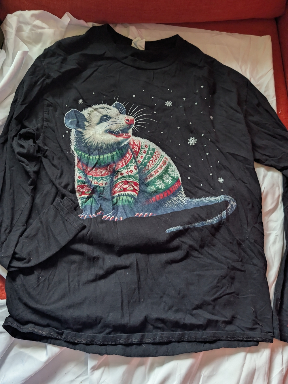 Source Unknown Black Long-Sleeve Top with Festive Possum Graphic